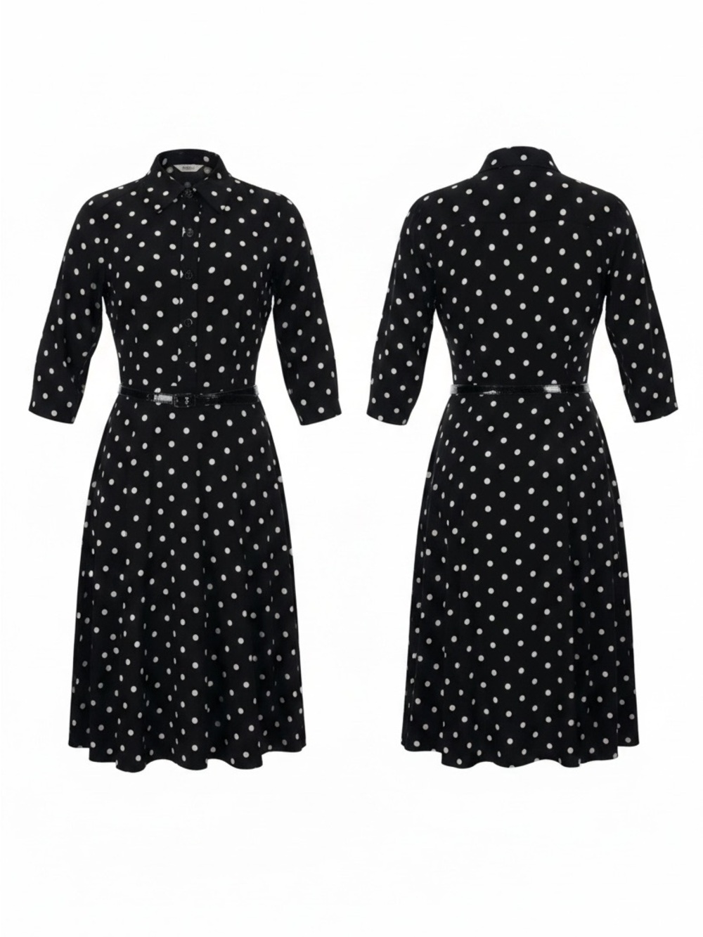 Evan-Picone Black White Polka Dot Midi Dress Belt 3/4 Sleeve Size 8 - Picture 4 of 11